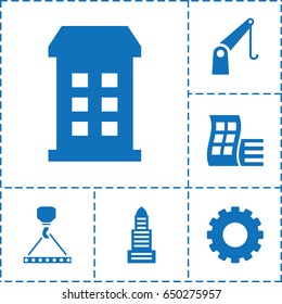 Development icon. set of 6 development filled icons such as gear, building, modern curved building, business center, hook with cargo