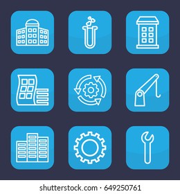 Development icon. set of 9 outline development icons such as gear, building, modern curved building, building   isolated  sign symbol, cargo crane, heart test tube, wrench