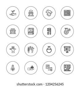 Development icon set. collection of 16 outline development icons with blueprint, flask, layout, graphic designer, project, strategy, test tubes, startup, web design icons.