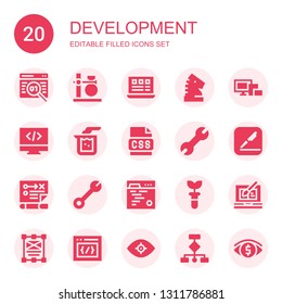 development icon set. Collection of 20 filled development icons included Coding, Flask, Layout, Strategy, Devices, Programming, Beaker, Css, Wrench, Pages, Code, Test tube, Web design