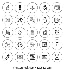 Development icon set. collection of 25 outline development icons with behavior, beaker, carpet, coach, blueprint, design, flask, domain, flowchart icons. editable icons.
