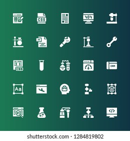 development icon set. Collection of 25 filled development icons included Programming, Wireframes, Tube, Flask, Coding, Design, Algorithm, Business, Landing page, Typography, CRM