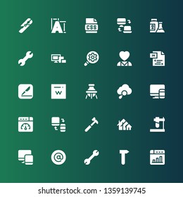 development icon set. Collection of 25 filled development icons included Web design, Hammer, Wrench, At, Responsive, Test tube, Icon, Web optimization, Seo, Flask, Domain, Pages