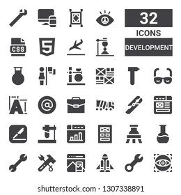 development icon set. Collection of 32 filled development icons included Visual, Wrench, Rocket launch, Responsive design, Hammer, Flask, Layout, Web design, Test tube, Pages