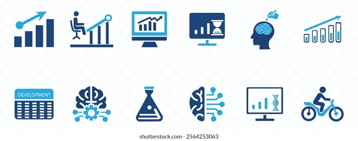 development icon set. Containing innovation, prototype, design, research, testing, product launch, conception and marketing icons