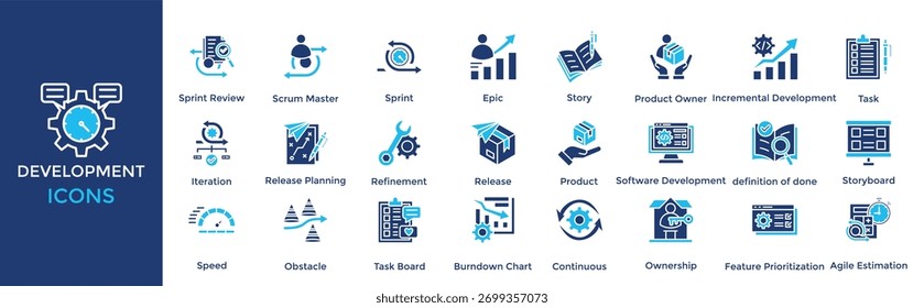Conjunto de ícones de desenvolvimento. Contendo Sprint Review, Scrum Master, Sprint, Epic, Story