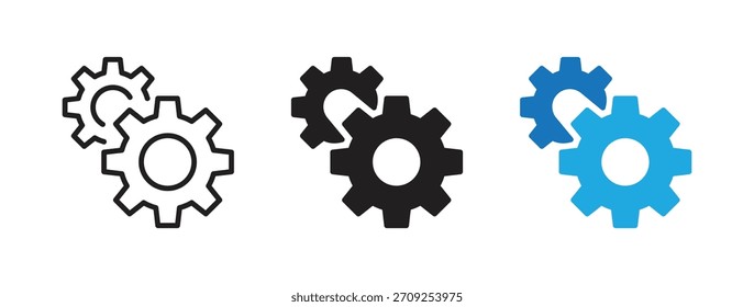 Conjunto de iconos de desarrollo. Rueda dentada, signo de rueda dentada, símbolo. Avance, progreso, crecimiento, concepto de mejora. Ilustración vectorial. Trazo editable. Diseño plano. Aislado en un fondo blanco.