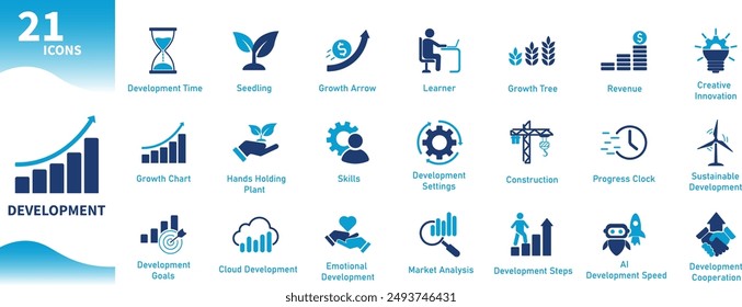 Development icon. Set of icons for growth, finance, seedling, graphs, business, skills, market analysis, innovation. Solid vector icon