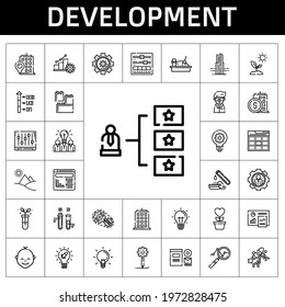 development icon set. line icon style. development related icons such as settings, website, creative process, test tube, sprout, idea, scientist, branding, sandbox, ideas