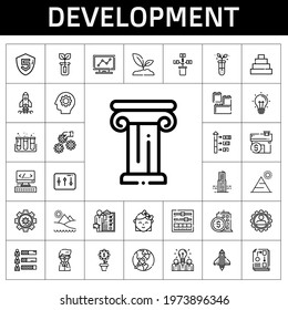 development icon set. line icon style. development related icons such as settings, test tube, workflow, sprout, idea, scientist, building, setting, skills, analytics, lego