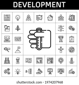 development icon set. line icon style. development related icons such as settings, website, test tube, goal, search engine, scientist, idea, rocket, analysis, research, building