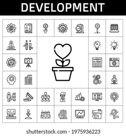 development icon set. line icon style. development related icons such as idea, scientist, building, research, setting, analytics, skills, mortgage, test tubes, startup, web development