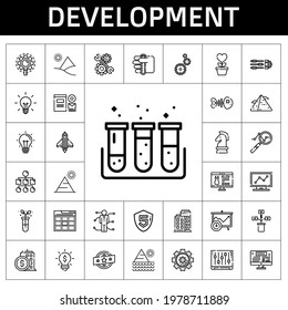 development icon set. line icon style. development related icons such as settings, website, development, goal, test tube, idea, branding, building, research, analytics, skills