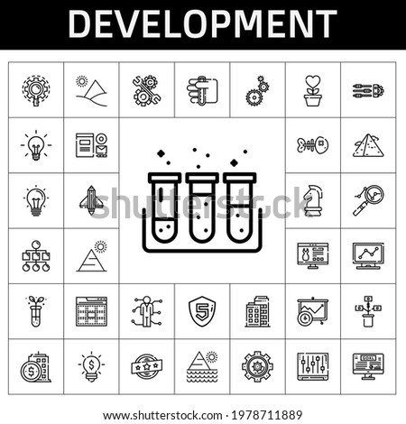 development icon set. line icon style. development related icons such as settings, website, development, goal, test tube, idea, branding, building, research, analytics, skills