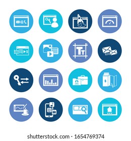Development icon set and website management with email campaign, freelance work and typography. Connection related development icon vector for web UI logo design.