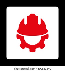 Development icon. Vector style is red and white colors, flat rounded square button on a black background.