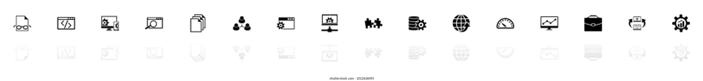 Development icons - Black horizontal Illustration symbol on White Background with a mirror Shadow reflection. Flat Vector Icon.