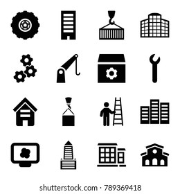 Development icons. set of 16 editable filled development icons such as building, gear, atom on display, cargo on hook, cargo crane, man with ladder, wrench