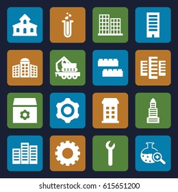 Development icons set. set of 16 development filled icons such as gear, building, building   isolated  sign symbol, business center, child building kit, cargo crane