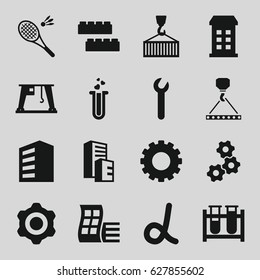 Development icons set. set of 16 development filled icons such as gear, building, modern curved building, child building kit, hook with cargo, test tube, cargo on hook