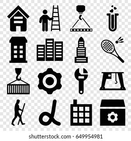 Development icons set. set of 16 development filled icons such as building, business center, gear, wrench, hook with cargo, cargo on hook, cargo crane, heart test tube