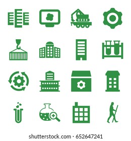 Development icons set. set of 16 development filled icons such as building, building   isolated  sign symbol, gear, test tube, cargo crane, cargo on hook, heart test tube