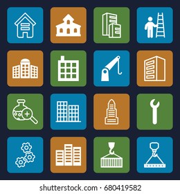Development icons set. set of 16 development filled and outline icons such as building, building   isolated  sign symbol, cargo on hook, cargo crane, wrench, man with ladder