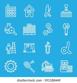 development icons set. Set of 16 development outline icons such as gear, building, modern curved building, wrench, cargo crane, cargo on hook, heart test tube