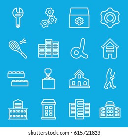 Development icons set. set of 16 development outline icons such as building, building   isolated  sign symbol, child building kit, gear, wrench, hook with cargo, badminton