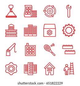 Development icons set. set of 16 development outline icons such as gear, building, modern curved building, child building kit, hook with cargo, cargo crane, badminton, wrench
