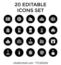 Development icons. set of 20 editable filled development icons such as building, building   isolated  sign symbol, business center, hook with cargo, test tube, gear rotate