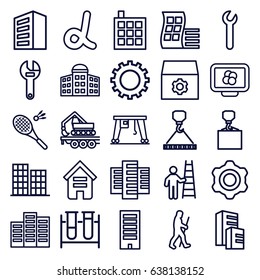 Development icons set. set of 25 development outline icons such as gear, building, modern curved building, building   isolated  sign symbol, business center, wrench