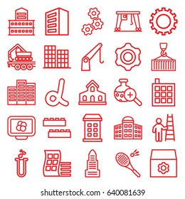 Development icons set. set of 25 development outline icons such as gear, building, modern curved building, business center, cargo crane, cargo on hook, heart test tube