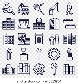 Development icons set. set of 25 development outline icons such as gear, building, modern curved building, business center, wrench, hook with cargo, test tube, cargo crane