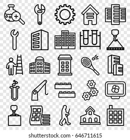 Development icons set. set of 25 development outline icons such as gear, building, modern curved building, wrench, hook with cargo, test tube, cargo crane, heart test tube