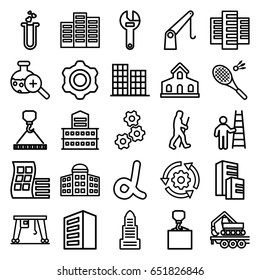 Development icons set. set of 25 development outline icons such as building, modern curved building, building   isolated  sign symbol, business center, wrench, hook with cargo