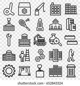 Development icons set. set of 25 development outline icons such as gear, building, building   isolated  sign symbol, business center, child building kit, hook with cargo