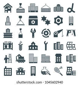 Development icons. set of 36 editable filled development icons such as building, modern curved building, building   isolated  sign symbol, business center, gear
