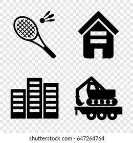 Development icons set. set of 4 development filled icons such as building, cargo crane