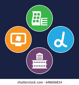 Development icons set. set of 4 development filled icons such as modern curved building, building, atom on display