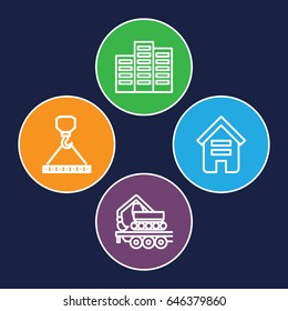Development icons set. set of 4 development outline icons such as building, hook with cargo
