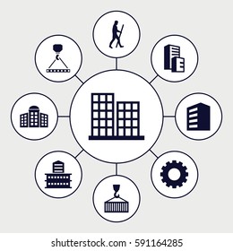 development icons set. Set of 9 development filled icons such as gear, building, building   isolated  sign symbol, business center, hook with cargo, cargo on hook