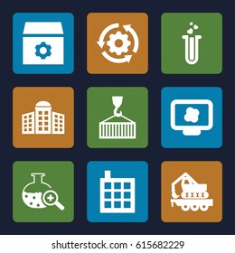 Development icons set. set of 9 development filled icons such as building   isolated  sign symbol, building, gear, cargo crane, cargo on hook, heart test tube