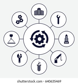 Development icons set. set of 9 development filled icons such as building   isolated  sign symbol, business center, wrench, hook with cargo, cargo crane, heart test tube