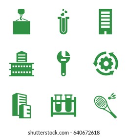 Development icons set. set of 9 development filled icons such as building, wrench, hook with cargo, test tube, heart test tube, badminton