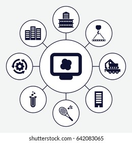 Development icons set. set of 9 development filled icons such as building, hook with cargo, cargo crane, heart test tube, badminton, gear rotate