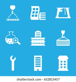 Development icons set. set of 9 development filled icons such as building, modern curved building, hook with cargo, cargo on hook, cargo crane, test tube search