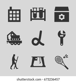 Development icons set. set of 9 development filled icons such as building, gear, wrench, test tube, cargo crane, badminton, caveman