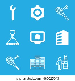 Development icons set. set of 9 development filled and outline icons such as building, badminton, wrench, atom on display, hook with cargo, man with ladder