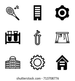 Development icons set. set of 9 development filled and outline icons such as building, test tube, badminton, gear, building   isolated  sign symbol, cargo crane